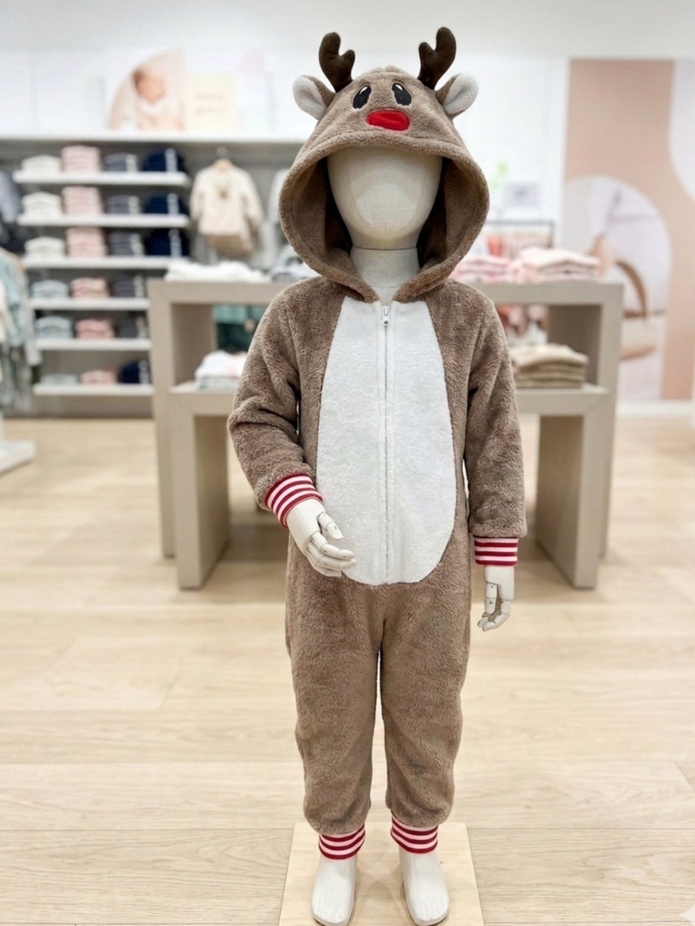 Kids Brown Reindeer Hooded Fleece pajama Onesie